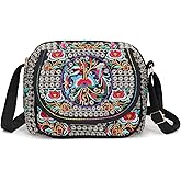 SILKAREA Embroidered Canvas 3 zip Small Crossbody Bag Cell Phone Purse Shoulder Wallet Handbags Wristlet Clutch Bag for Women