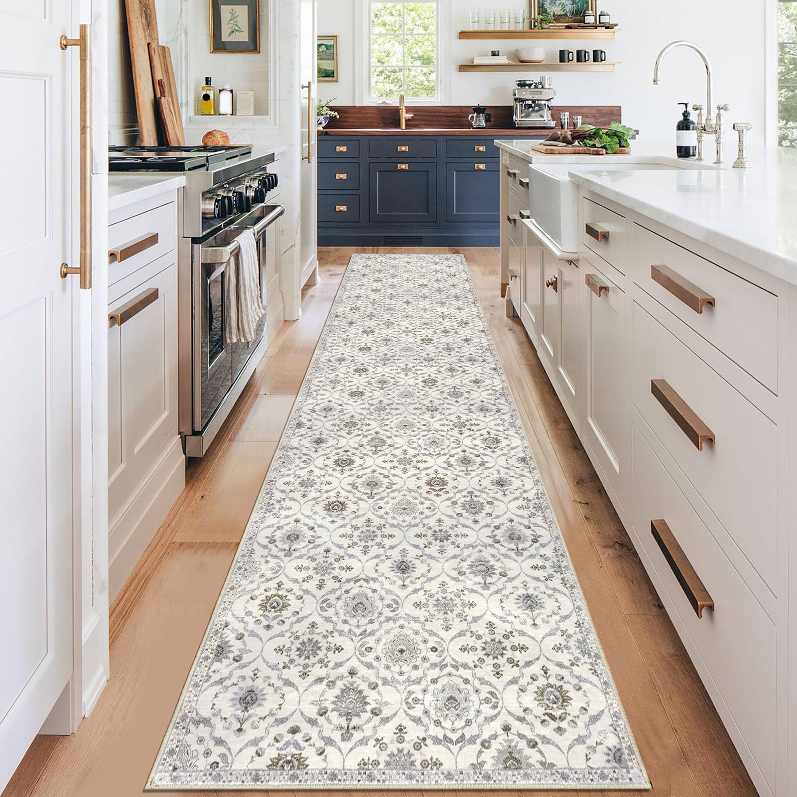 KILOCOCO 2.6x12 Moroccan Runner Rug, Cream Beige Grey Super Soft Washable Hallway Entryway Runner Rug, Accent Print Faux Wool Kitchen Runner 12 Feet Non-Slip Boho Carpet for Laundry Room Bedroom Image