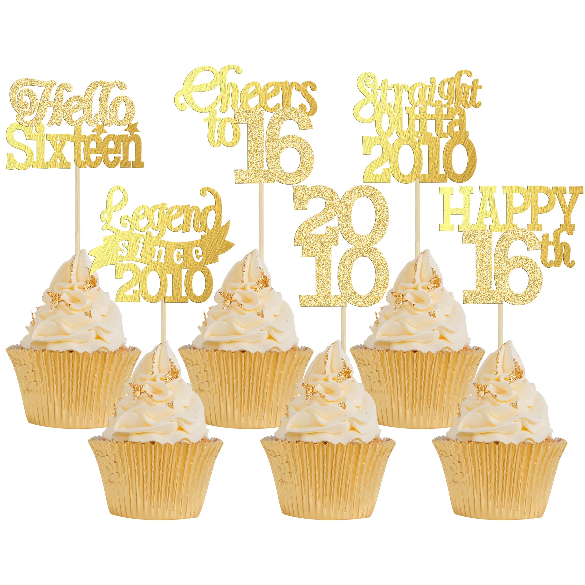 Gyufise 24Pcs Happy 16th Birthday Cupcake Toppers Sweet 16 Legend Since 2010 Cupcake Picks Cheers to 16 Years Cake Decorations for 16th Birthday Anniversary Party Supplies Gold