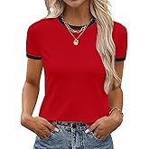 SOFIA'S CHOICE Ringer Tee Women Crew Neck Color Block Basic Summer Casual Short Sleeve T Shirt