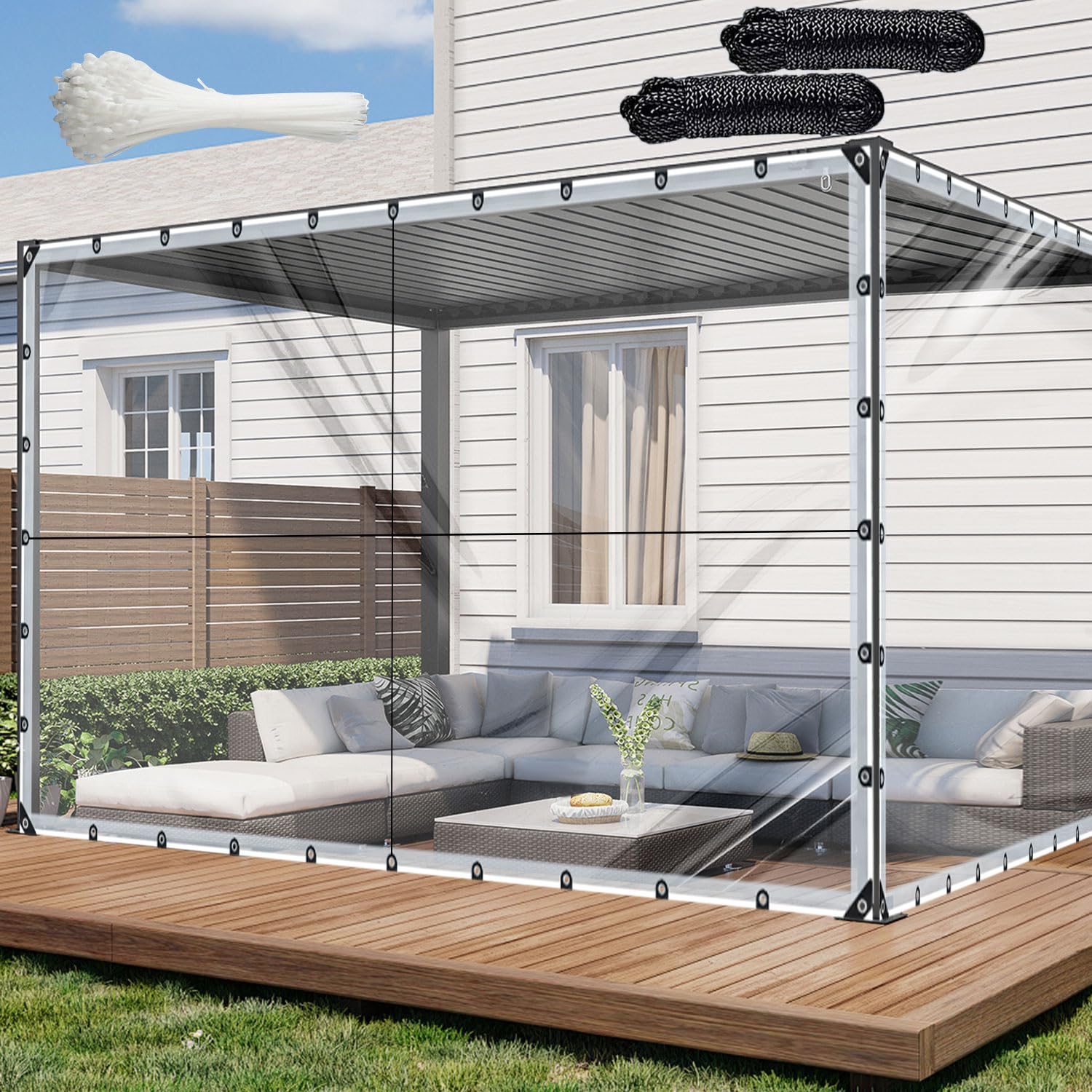 Photo 1 of 10x12ft Clear Waterproof Tarp with Grommets, Upgraded Edge Heat Fused Tear Resistant Clear Heavy Duty Tarps for Patio Fencing, Rain, Wind, Cold, Chicken Coops, and More?Windproof Rope+Tie-Downs?