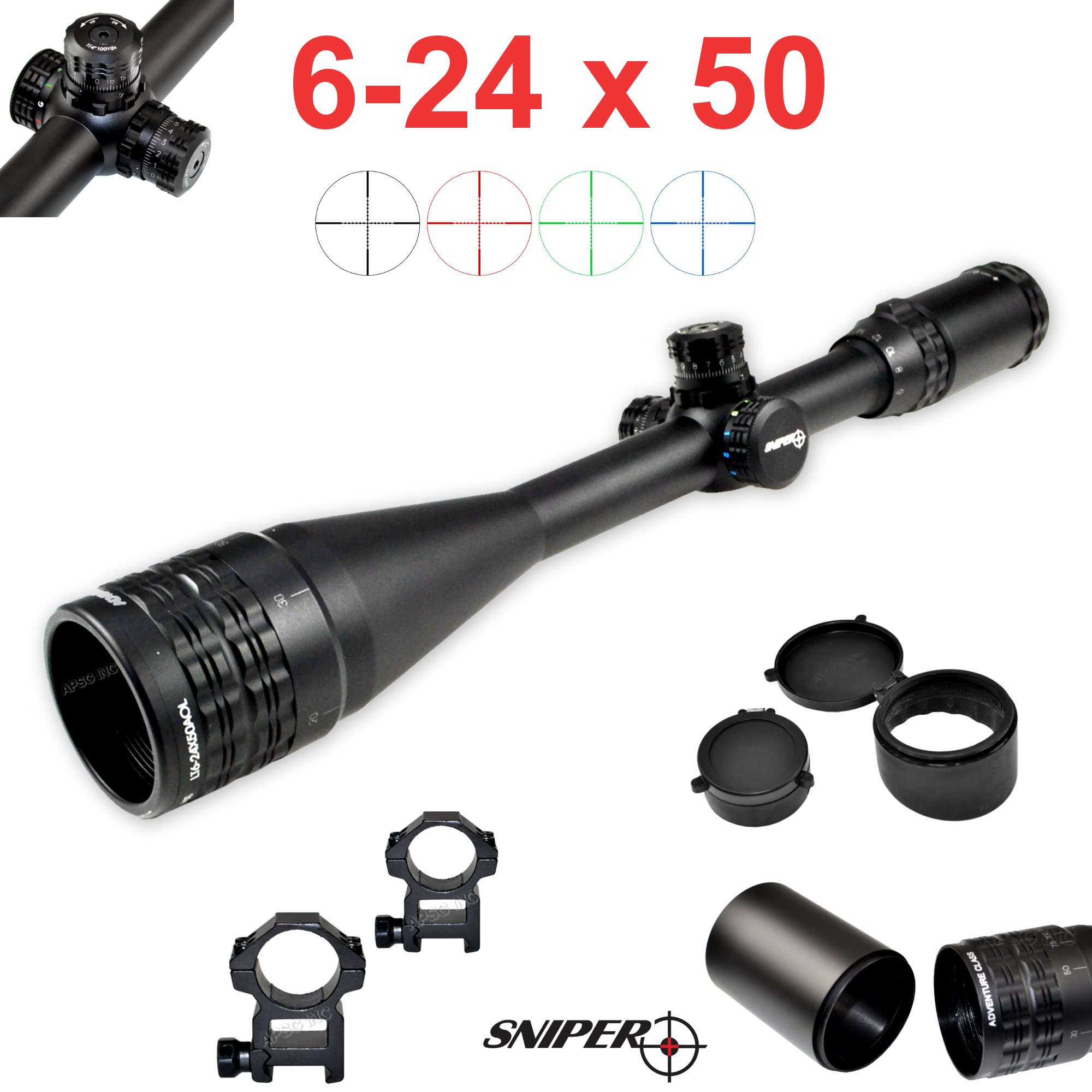 Sniper 6-24x50mm Rifle Scope w/Front AO Adjustment, RGB Tri-Illumination Mil Dot, LT6-24x50AOL