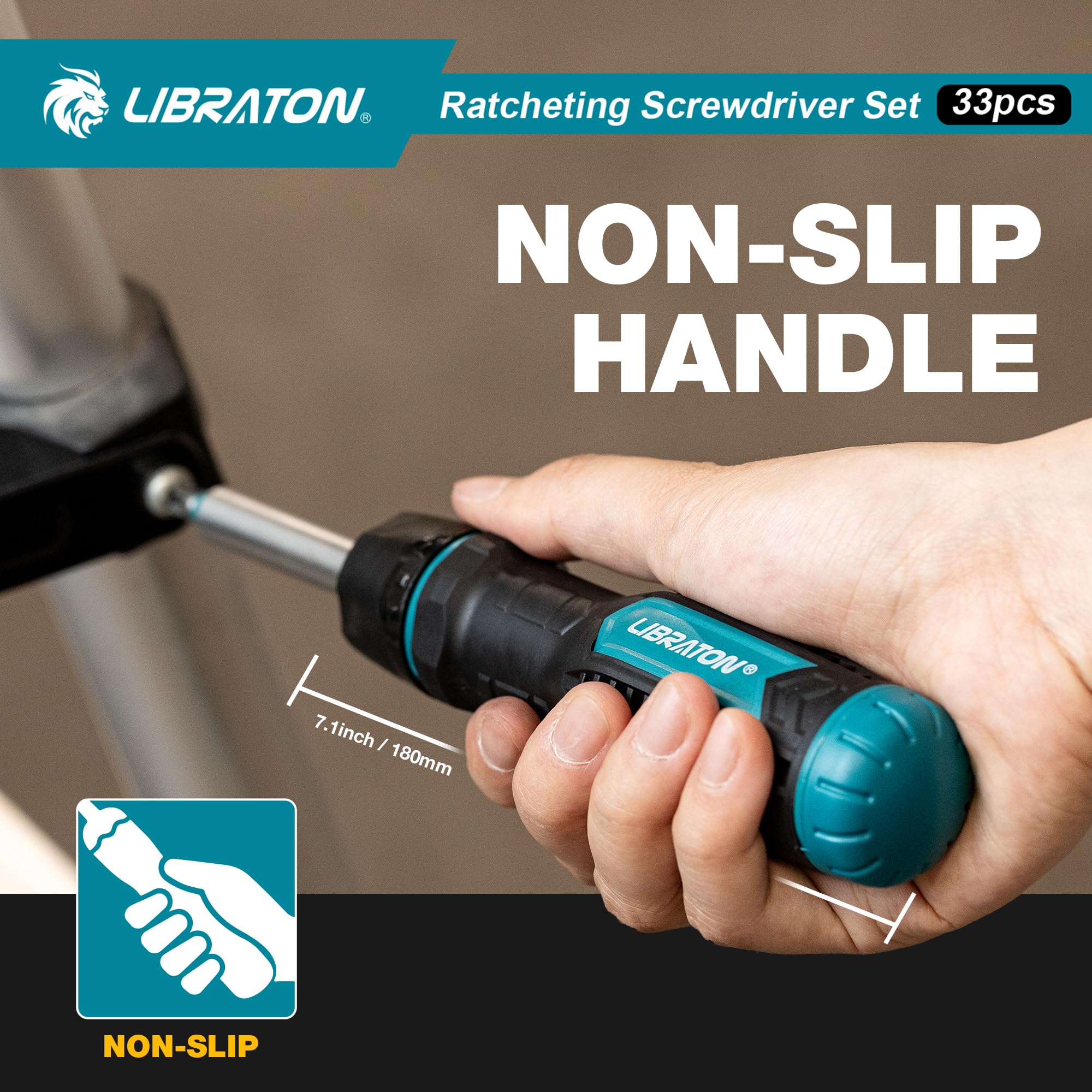 LIBRATON Ratschenschraubendreher Set, Multi Schraubendreher, 33-in-1 Magnetischer Schraubendreher, Schlitz-/Philips-/Pozi-/Torx-/Hex-/Vierkant-Bits, Ergonomischer Griff für Zuhause, Auto 6
