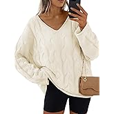Trendy Queen Oversized Long Sleeve V Neck Cable Knit Sweaters