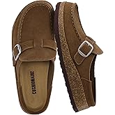 CUSHIONAIRE Hobby Genuine Leather Suede Mule Clogs for Women with Buckle Strap and Cork Footbed, Supportive All-Day Comfort in Womens Shoes