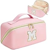 for Valentines Day Gifts, Makeup Bag for Women, PU Leather Travel Toiletry Bags, Initial Make Up Cosmetic Pouch for Teen Girls, Wide Open Portable Skincare Bag, Personalized Birthday Gifts, Pink M