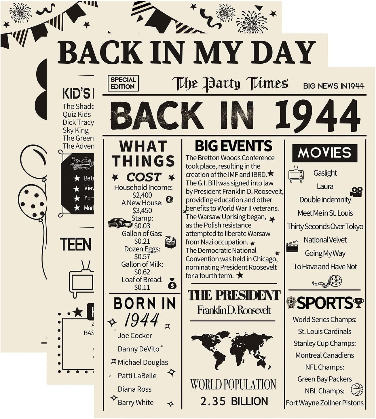 Wall Décor - HOMANGA 80th Birthday Decorations for Men and Women, 3 Pieces Vintage 80th Birthday Anniversary Posters, Back in 1944 Party Decoration Supplies, 80th Gifts for Men and Women 8x10 Inch