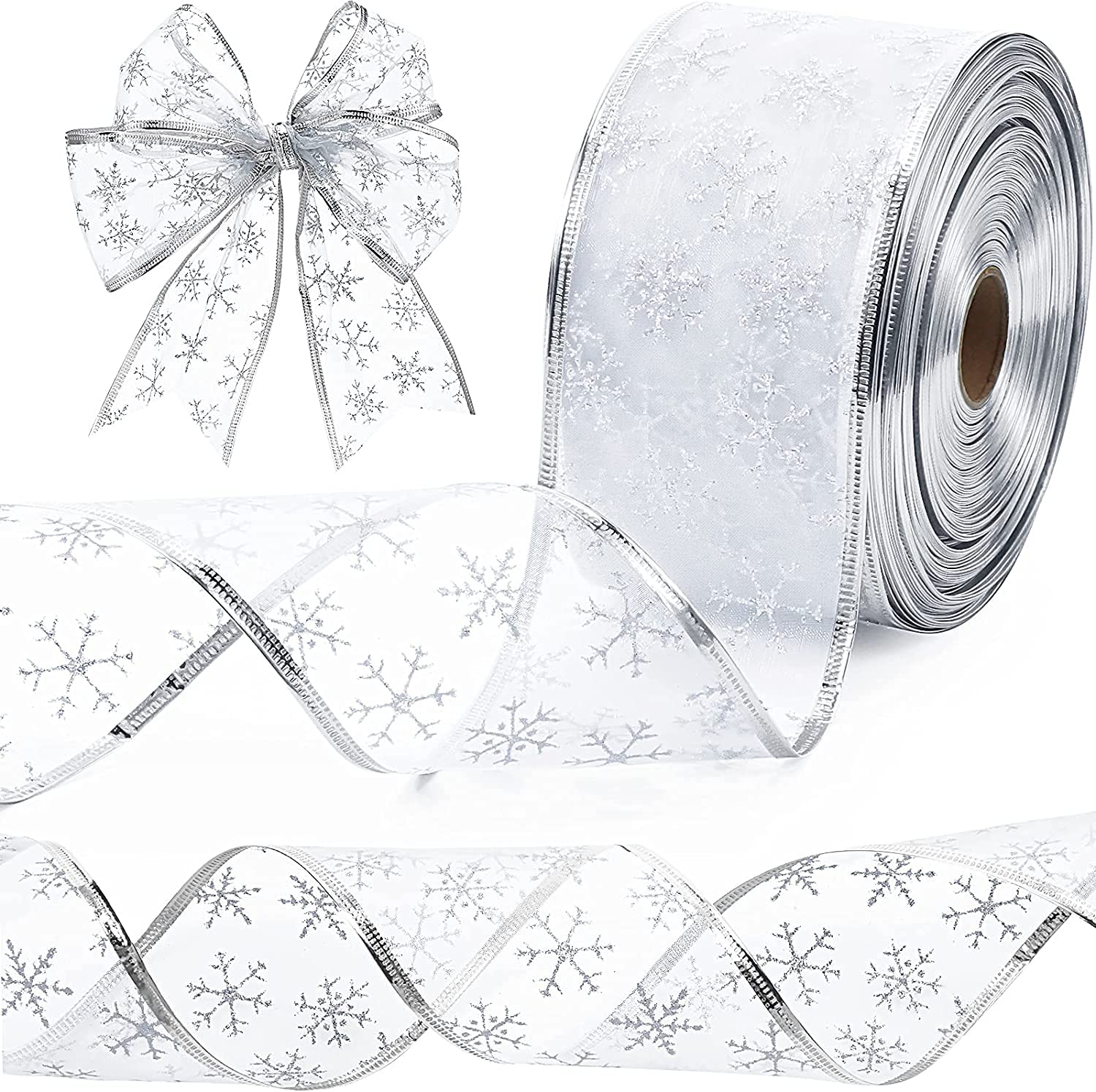 Christmas Tree Ribbon, Christmas Ribbon Glittery Snowflake Organza 2.5 Inch X 11 Yard with Spool, Wired Ribbons for xms Decor Gift Packaging Crafts Party Decoration (Silver)