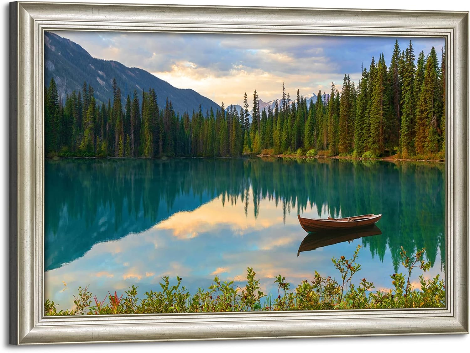 Paintings - Lake Boat Framed Wall Art: Large Sunset Landscape Picture Sky Reflection Canvas Artwork Modern Nature Scenery Painting Rustic Mountain Forest Scenic Prints for Bedroom Living Room Home Office
