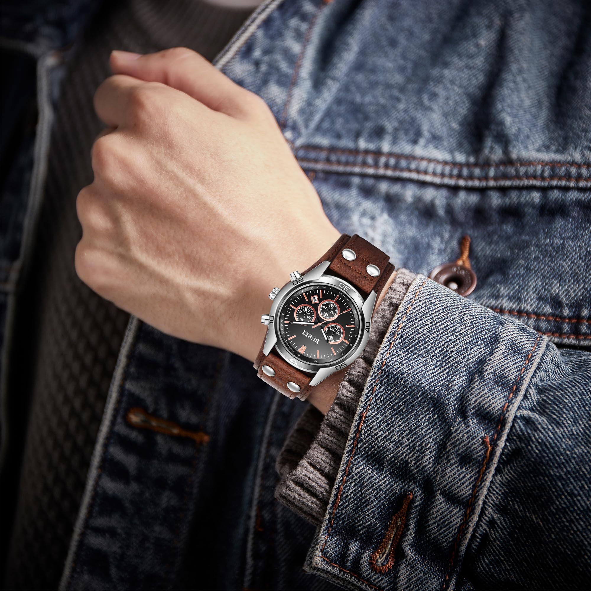 BUREI Men Watches,Waterproof Analog Dress Wrist Brown Leather Watches for Men with Black dial,Multifunction Watches for Men., BS0112-ZHZYZ