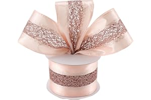 DINDOSAL Rose Gold Christmas Ribbon Wired 2.5" x 10 Yard Rose Gold Wired Satin Ribbon with Glitter Mesh Pink Wired Ribbon for