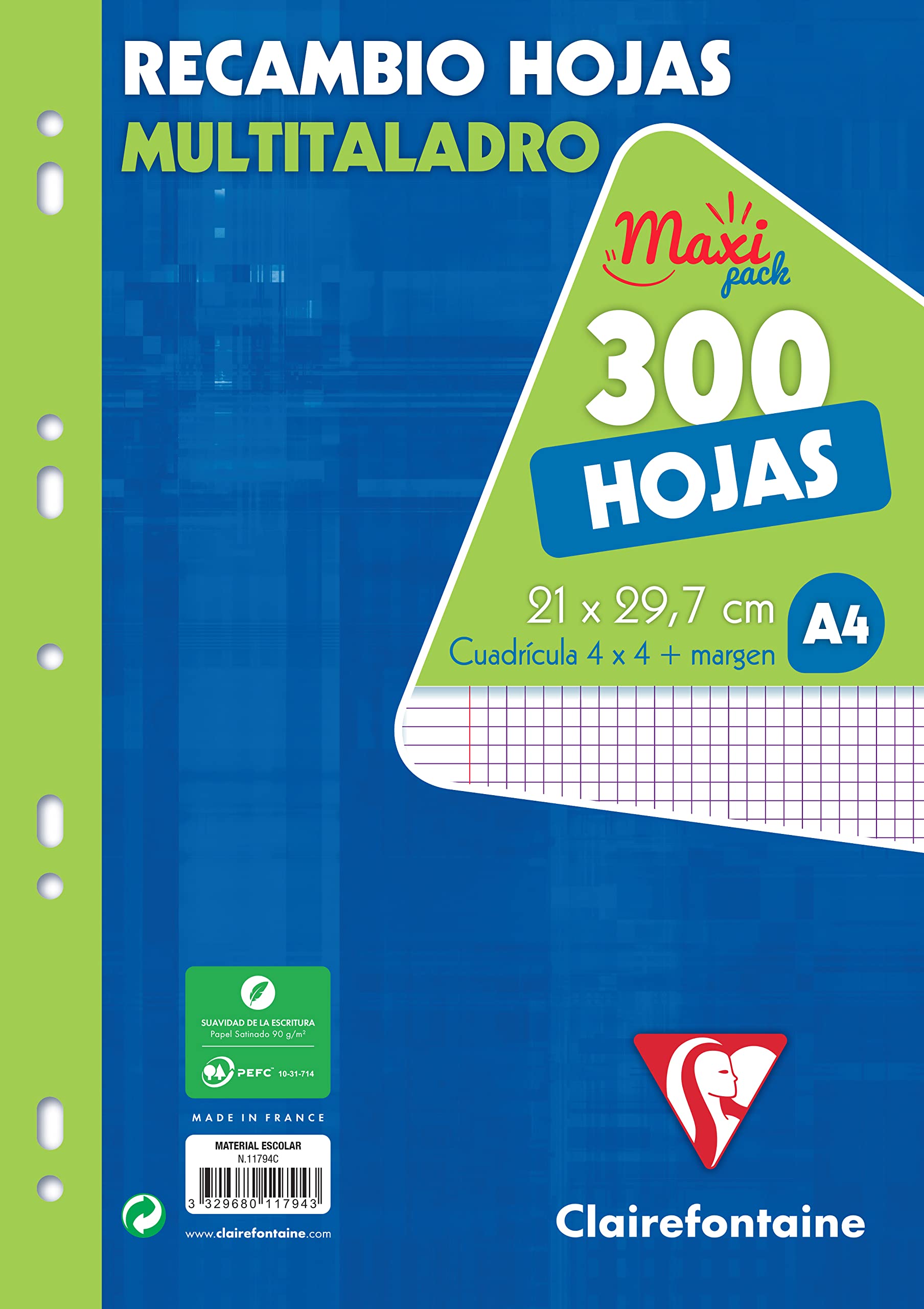 Clairefontaine 11794C - One Pack of Perforated Loose-Leaf Binders - Dimensions: A4 21 cm x 29.7 cm - 600 Quadruled Pages - 4 x 4 mm - White Paper 90 g