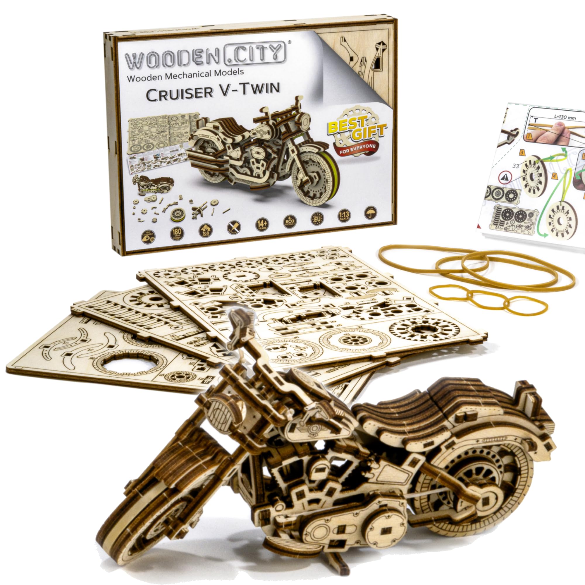 WOODEN.CITY Cruiser V-Twin DIY 3D Wooden Puzzle - Motorcycle Model Kit With Moving Engine & Rubber Motor, 168 Pieces (14+ Years)