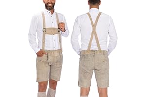 BAVARIA TRACHTEN Lederhosen Men Oktoberfest Costume, Genuine Leather German, Mushroom Brown Short, Green, White, Goat