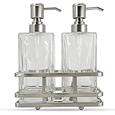 Square Glass Clear Lotion and Soap Pump Dispenser Set with Metal Stand Caddy for Bathroom Bath Kitchen Home Office Travel Hotel Hand Crafted Heavy Weight Nickel
