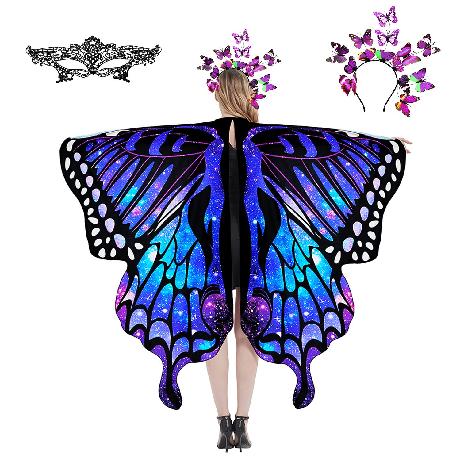 plainshe Butterfly Wings, Fairy Wings for Adults, Butterfly Costume, Halloween Costumes for Women, 3PCS Butterfly Cape Set. (Blue Purple) — image 1