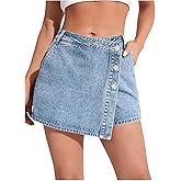 WDIRARA Women's High Waisted Button Front Denim Skort Asymmetrical Hem Skirt Shorts