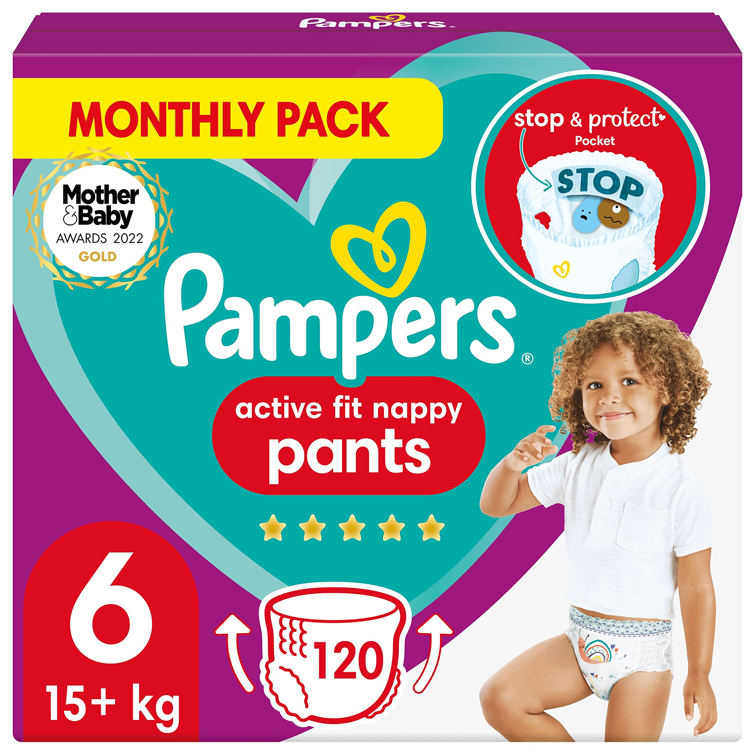 Pampers Baby Nappy Pants Size 6 (15+ kg/33 Lb), Active Fit, 120 Nappies, MONTHLY SAVINGS PACK, Pampers� Trusted Fit and Comfort For Your Wild Child