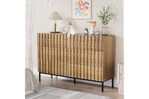 UEV Mid-Century Modern Dresser for Bedroom, Fluted 6 Drawer Dresser with Metal Stand, 43" Accent Light Wood Chest of Drawers for Bedroom,Living Room,Hallway (Natural Wood)