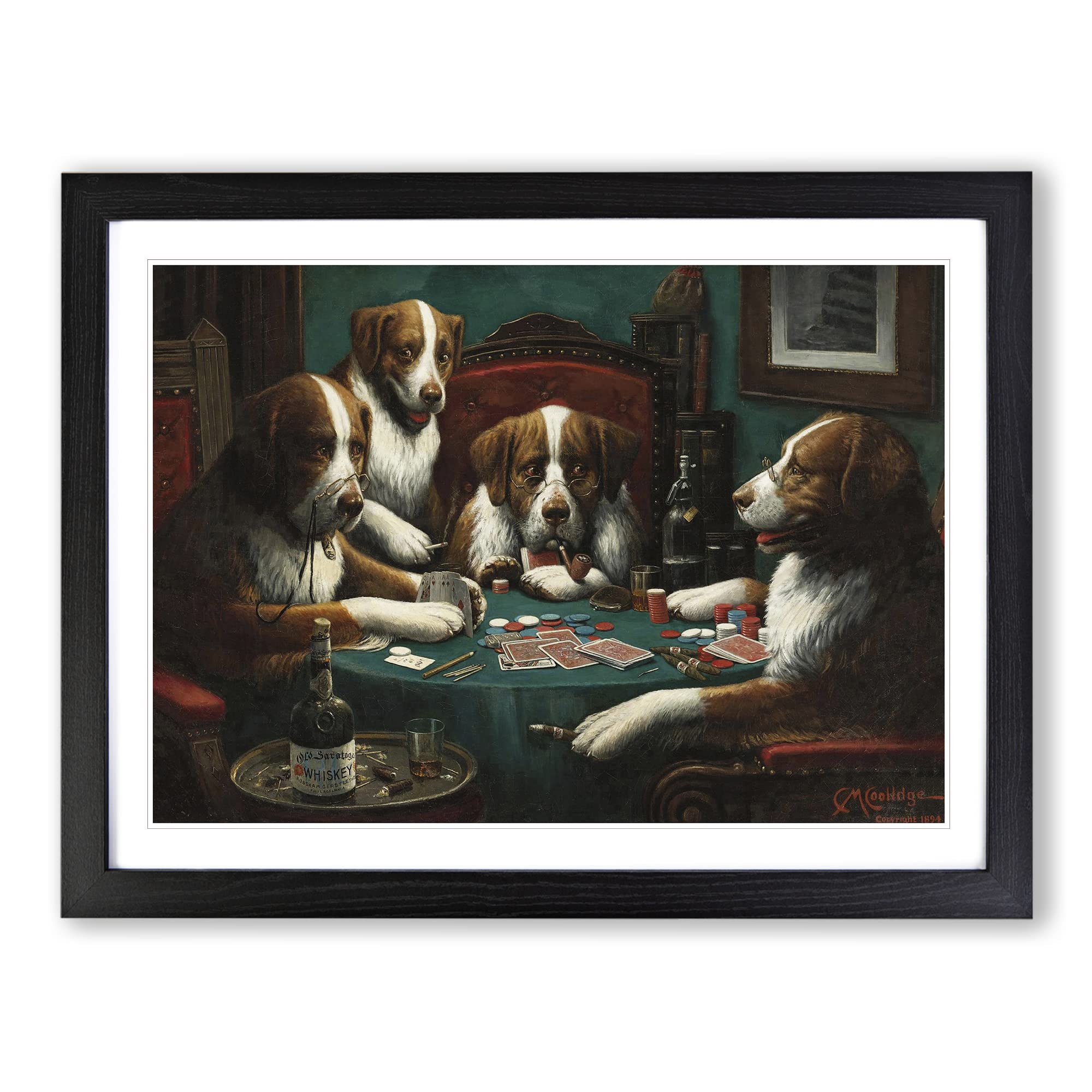 Dogs Playing Poker By Cassius Marcellus Coolidge Classic Painting Framed Print | A4 Black Framed Wall Art | Ready to Hang | Classic Animal Picture | Living Room Bedroom Lounge Office