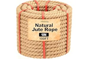 Hedday Jute Rope 1 in×100Ft,Twisted Manila 25mm Thick Hemp Natural Jute Rope for Swing, Docks, Bundling, Railing, Tug of War,