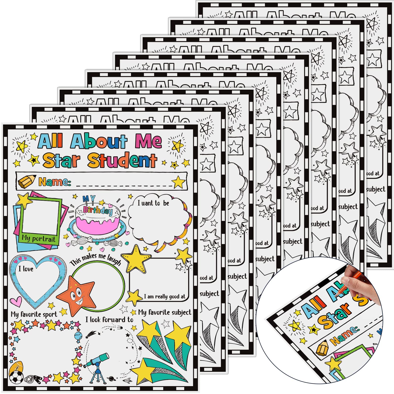 Photo 1 of 40 Packs All About Me Student Posters Star Student Poster All About Me First Day of School Poster to Fill in for School Classroom Supplies Elementary Kindergarten Students Kids, 13.39 x 10.24 Inches