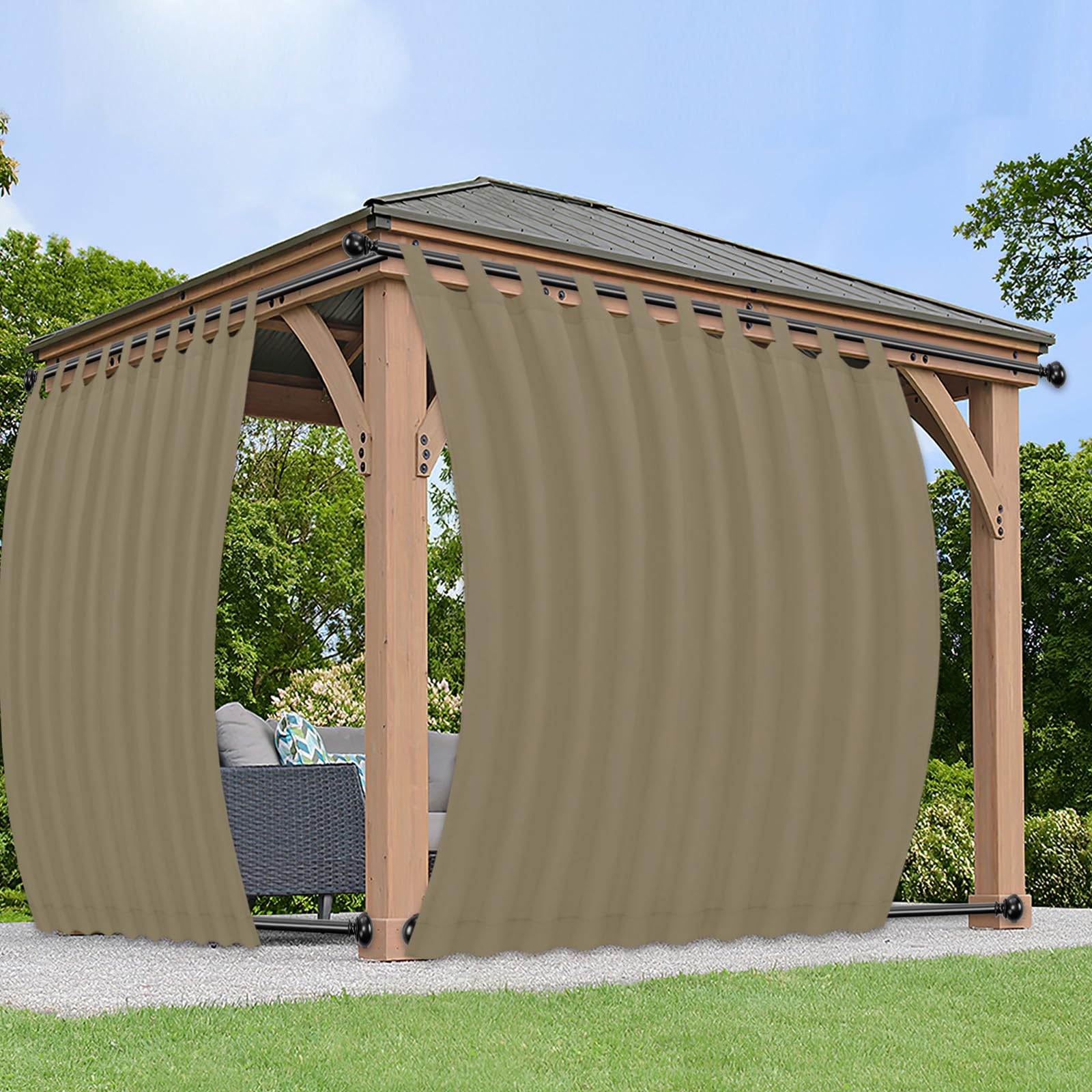 PureFit Outdoor Curtains for Detachable Sticky Tab Top Patio Waterproof/Weatherproof, UV and Fade Resistant Outside Curtains for Gazebo, Porch, Pergola, Privacy Curtain, 110 x 120 in, 2 Panels, Khaki Image