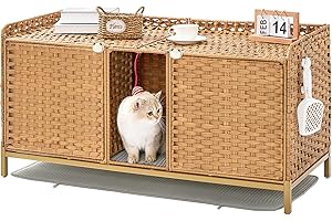 SETVSON Cat Litter Box Enclosure for 2 Cats, Hidden Litter Box Furniture with Mat, Large Rattan Cat House with Double Room and Door, 47.3 L x 19.7 W x 24 H, 2 S-Shaped Hooks for Living Room Natural