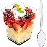 DLux 100 x 5 oz Mini Dessert Cups with Spoons, Square Large - Clear Plastic Parfait Appetizer Cup