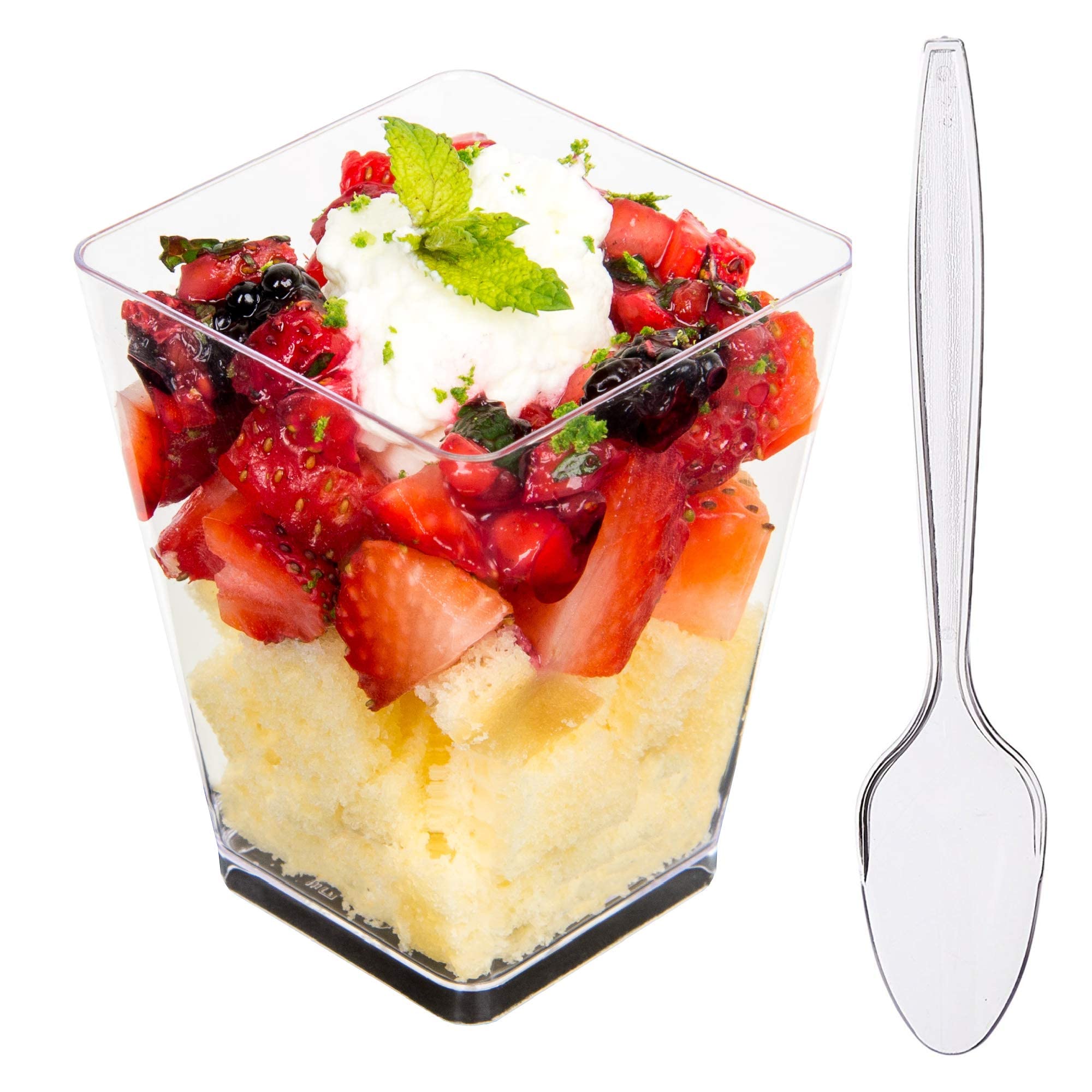 DLux Dessert Cups with Spoons, 160 ml - Clear Plastic Parfait Appetizer Cups, Square Large Reusable Shot Glass Bowl for Party Desserts Appetizers - with Recipe Ebook