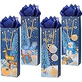 ZJHiome 12 Pack Christmas Wine Gift Bag Wine Bottle Bag with Tissue Paper for Xmas Winter Holiday Party Supplies (Navy Blue)