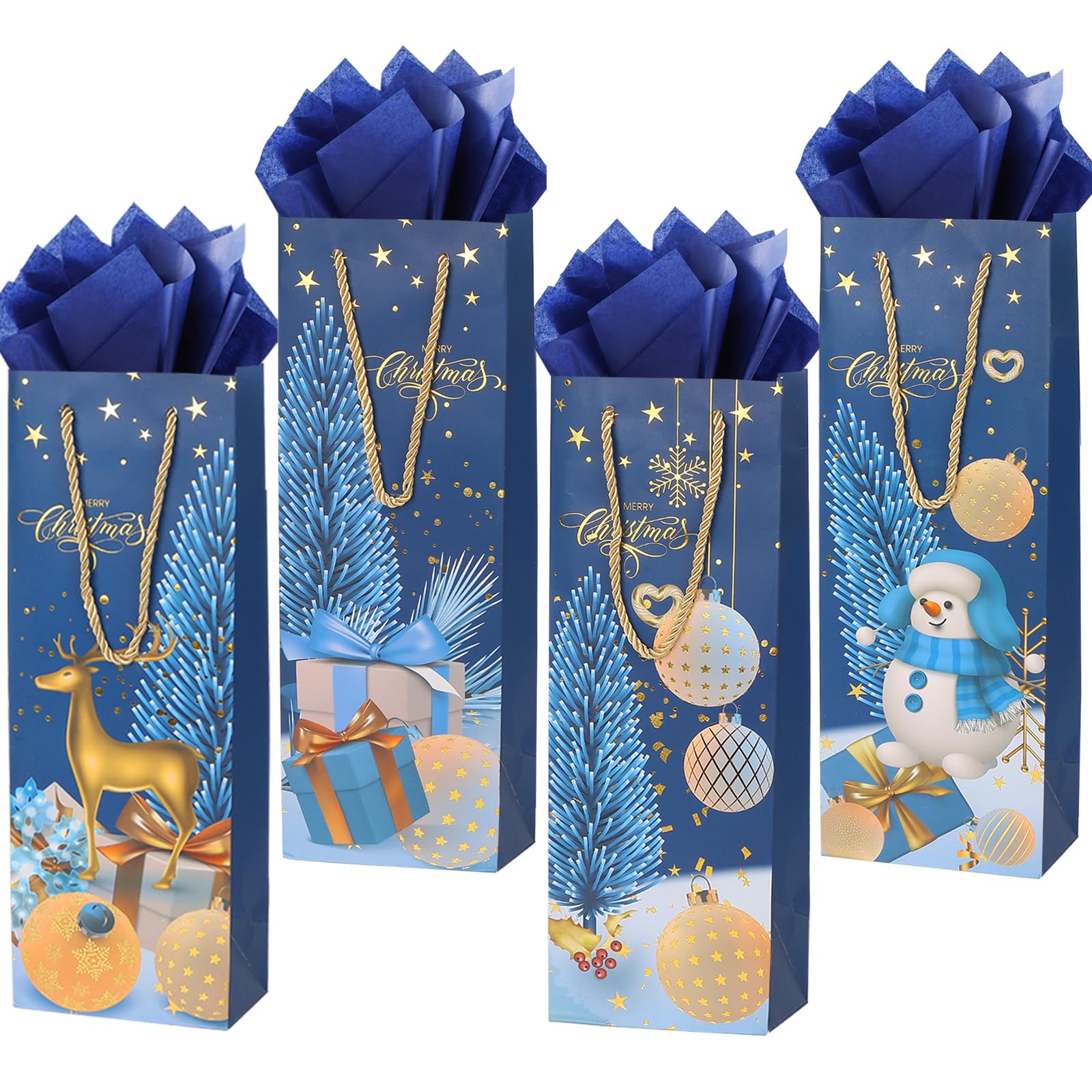 12 Pack Christmas Wine Gift Bag Wine Bottle Bag with Tissue Paper for Xmas Winter Holiday Party Supplies (Navy Blue)