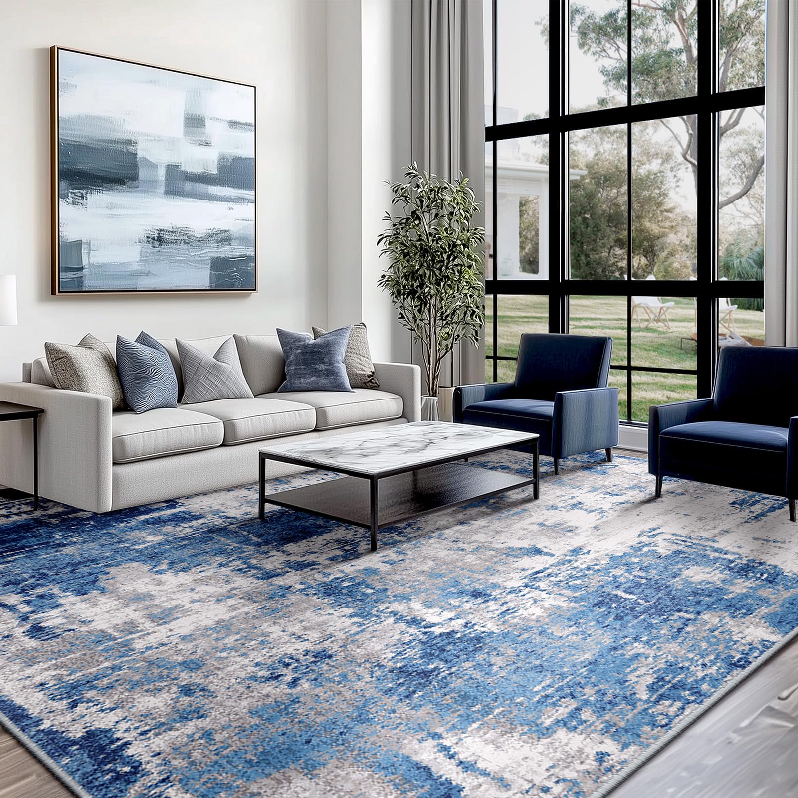 Photo 1 of RELEANY Washable Area Rugs 8'x10' Non-Slip Modern Abstract Soft for Living Room Entryway Bedroom Nursery, Print Pattern, Blue Grey Navy Gray