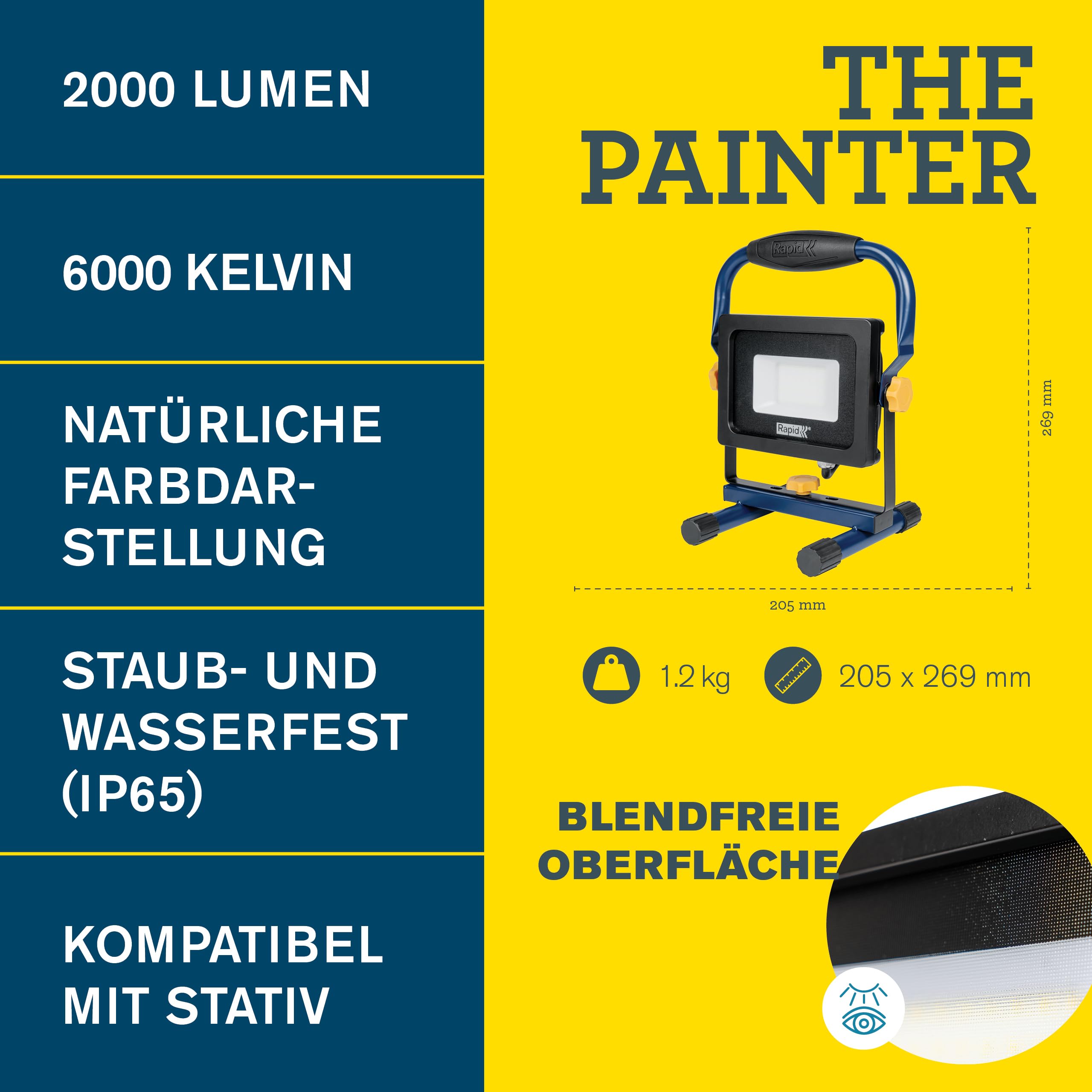 Rapid LED-Arbeitsleuchte zum Streichen und Tapezieren, Baustrahler mit 2000 Lumen und 2,5m Kabel, blendfreie LED-Lampe mit einstellbarem Lichtwinkel, IP65 Flutlicht, 6000 K Farbtemperatur 2