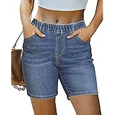 luvamia Jean Shorts for Women Trendy Pull On Mid Rise Elastic Waist Summer Casual Stretchy Long Denim Walking Shorts