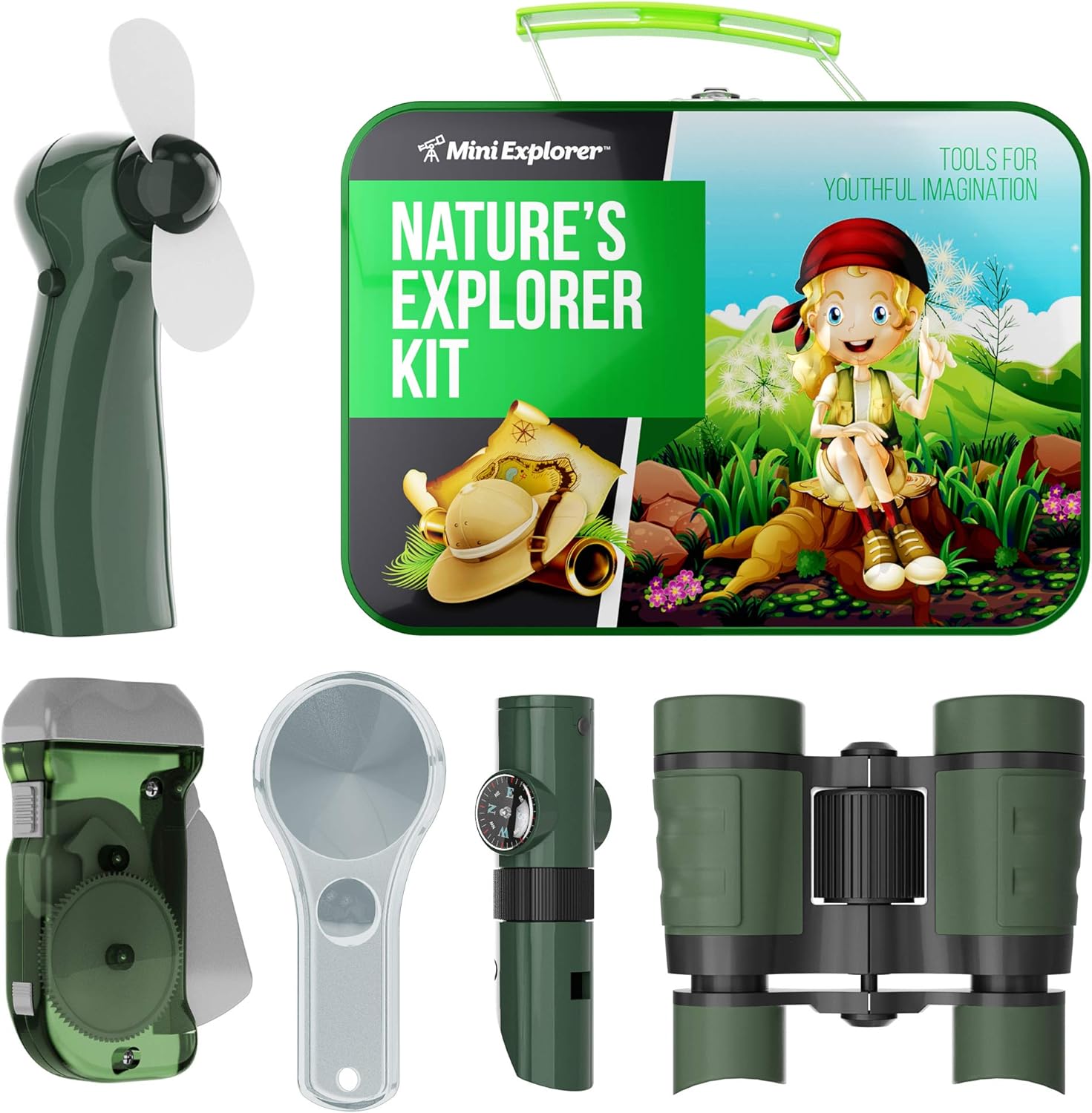 Explorer Kit for Kids - Camping Gear & Outdoor Exploration Gift - Inc: Binoculars, Fan, Magnifying Glass, Crank Flashlight, 5-in-1 Multi Tool & Beautiful Case - Gifts for 4-7 Year Old Boys & Girls: Toys & Games