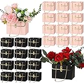 Lincia 24 Pcs Paper Flower Bags for Bouquets Wedding Flower Bouquets Boxes with Handle Chain Bags Rectangle Wrap Boxes for Women Valentine Wedding Lover Gift Decoration(Black, Pink)