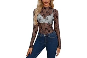 AISEW Womens Mesh Sheer Long Sleeve Crop Tops Mock Neck Sexy See Through Tee Shirts Lace Floral Y2K Layering Top Blouses