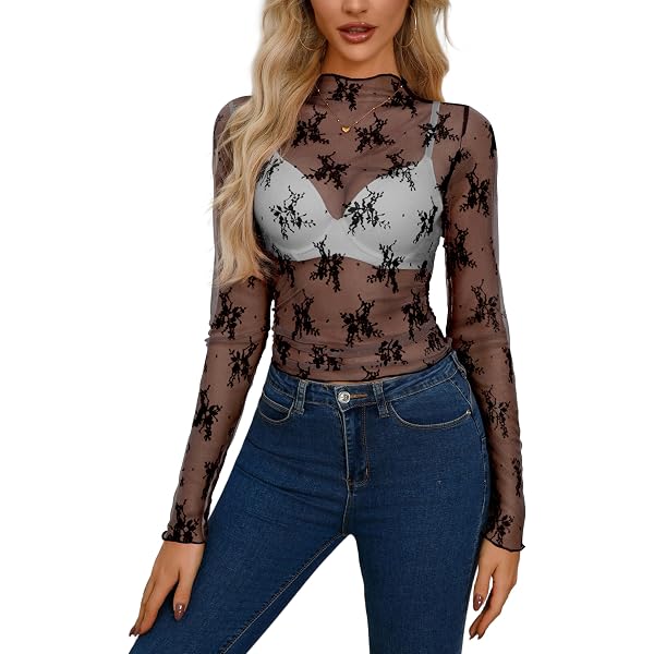 Women's Lace Mesh Tops Long Sleeve Dots Sheer Blouse Sexy Shirt