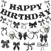 Lovarywow Black Bow Party Decorations - 13PCS Gothic Birthday Decorations Skull Skeleton Goth Party Supplies for Girls Women Black Bow Coquete Happy Birthday Banners Hanging Swirls