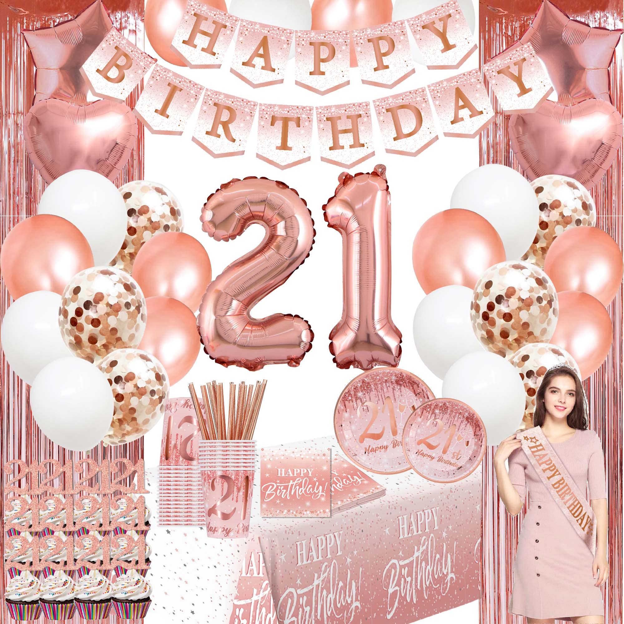 Photo 1 of 21st birthday decorations for her - Rose Gold 21st Year Old Birthday Backdrop, happy birthday banner,Hanging Swirl,Fringe Curtain,honeycomb centerpiece,21st Birthday Balloons for her (21st birthday)