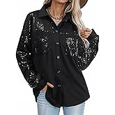 Ezcosplay Women Button Down Shirt Sparkly Sequin Shacket Long Sleeve Glitter Casual Outerwear Tops