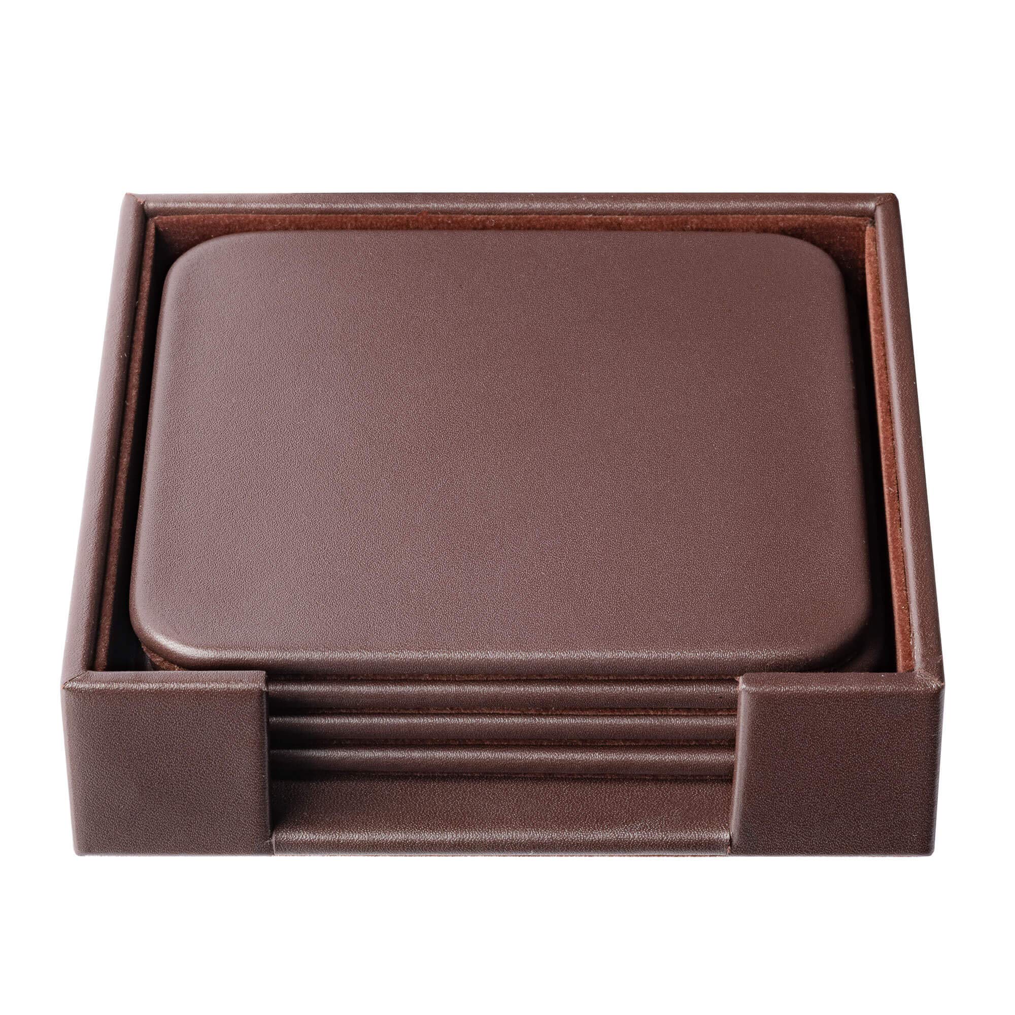 Dacasso Chocolate Brown Leather Square Coaster Set, 11.1 x 11.1 x 3.48 cm
