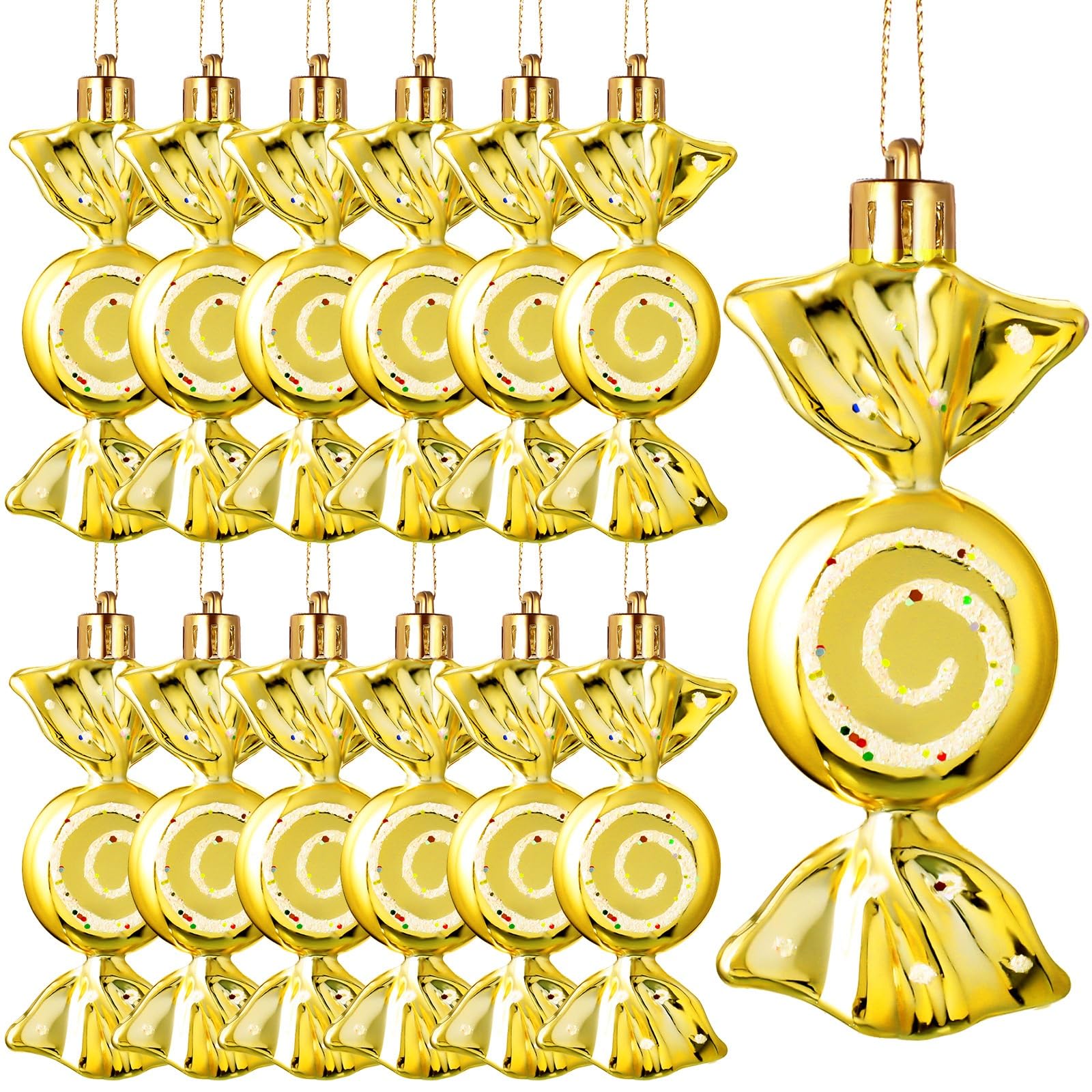 Threan 12 Pcs Christmas Candy Ornaments for Tree Decoration Hanging Glitter Candy Cane Christmas Peppermint Ornament with Golden Rope for Xmas Holiday Decoration(Yellow,Plastic) — image 1