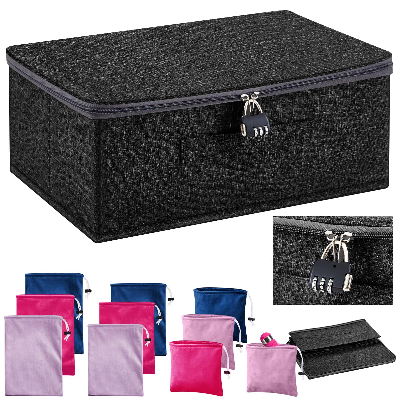 Photo 1 of Cinnvoice Discreet Lockable Adult Toy Bag Storage Organizer with 9 Pcs Toy Storage Drawstring Bags Organizer for Women and Men 3 Sizes,15 x 10 x 6.3 Inches Lockable Box Travel Container(Black)