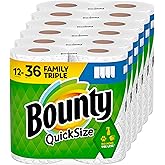 Bounty Quick-Size Paper Towels, White, 12 Family Triple Rolls = 36 Regular Rolls