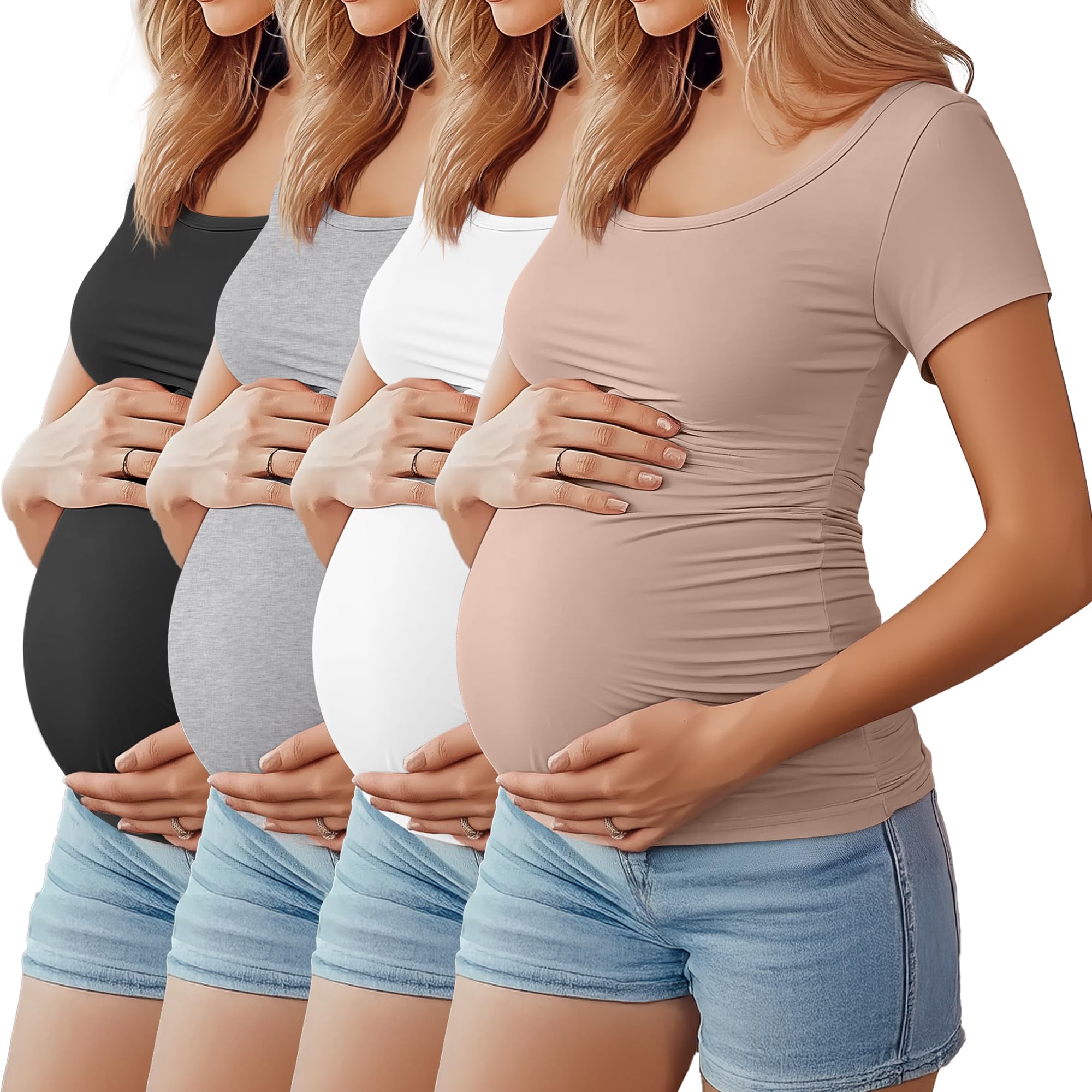 Photo 1 of Huukeay 4 Pack Women's Maternity Shirts Scoop Neck Maternity Top Short Sleeve Casual Cotton Tee Side Ruched Pregnancy Clothes(Black, White, Khaki, Light Gray,X-Large)