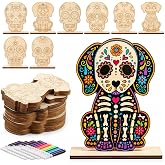 DoubleFill 16 Pcs Dia De Los Muertos Craft Day of The Dead DIY Craft, Dead | Unfinished Wooden Sugar Skull Painting Decor with Watercolor Pen, for Day of The Dead Halloween Party Home Activities Decor