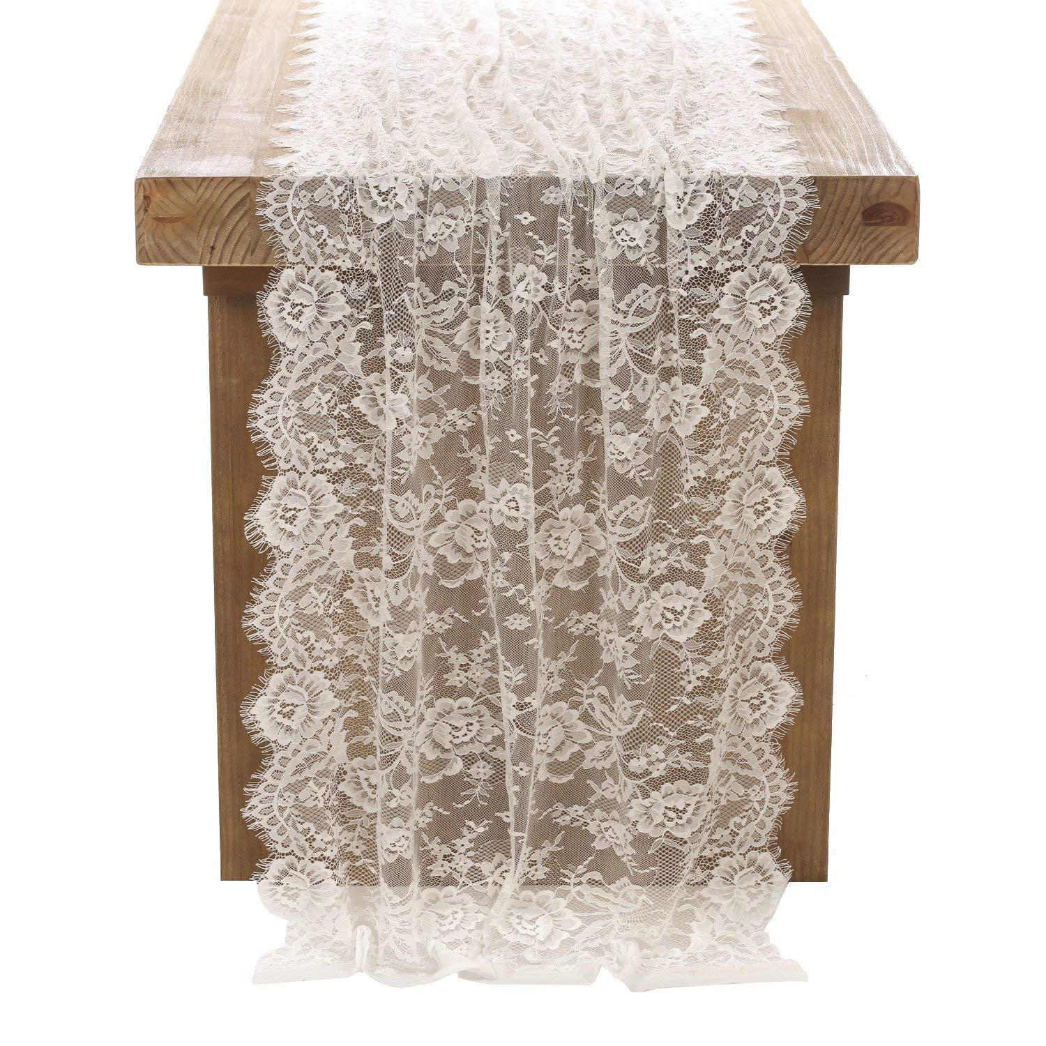 DÉCOCO White Lace Tablecloth 75 *300cm in Lace Table Overlay Vintage Embroidered Lace Overlay for Rustic Wedding Vintage Reception Decor Spring Summer Outdoor Party Boho Table Décor