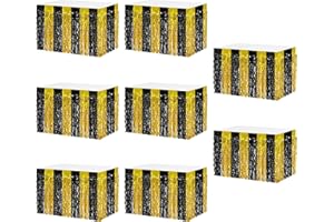 MZJU 8P Wavy Metallic Tinsel Foil Fringe Table Skirts for Rectangle Tables Backdrop Garland Curtains for Parade Floats Wedding Birthday Parties Decoration Halloween Christmas (Gold Black)